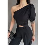 Fav Style Kadın Asimetrik Yaka Tek Omuz Kısa Prenses Kol Crop Bluz Siyah