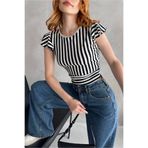 Fav Style Kadın Bisiklet Yaka Kolları Volanlı Sırtı Bağlama Detaylı Çizgili Crop Bluz Siyah