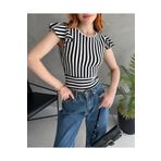 Fav Style Kadın Bisiklet Yaka Kolları Volanlı Sırtı Bağlama Detaylı Çizgili Crop Bluz Siyah
