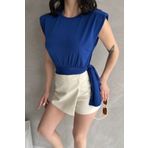 Fav Style Kadın Bisiklet Yaka Vatkalı Kolsuz Bağlama Detaylı Crop Bluz Saks Mavi