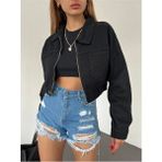 Fav Style Kadın Fermuar Kapamalı Çift Cepli Crop Kot Ceket Siyah