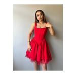 Fav Style Kadın Kalın Askılı Korse Görünümlü Eteği Volanlı Mini Elbise Kırmızı