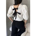 Fav Style Kadın Karpuz Kol Sırtı Bağlamalı Fiyonk Detaylı Poplin Bluz Beyaz