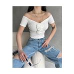 Fav Style Kadın Kısa Kollu Kayık Yaka Çiçek Detaylı Crop Bluz Beyaz