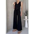 Fav Style Kadın Kolsuz Düğmeli Yelek ve Bol Paça Pantolon Alt-Üst Takım Siyah