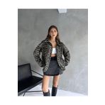 Fav Style Kadın Oversize Çift Cepli Leopar Desenli Denim Gömlek Ceket Kahve