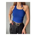 Fav Style Kadın Sırt Dekolteli Toka Detaylı Kolsuz Crop Bluz Saks Mavi