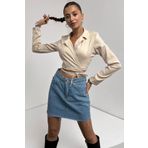 Fav Style Kadın Uzun Kollu Gömlek Yaka Bağlama Detaylı Crop Bluz Krem