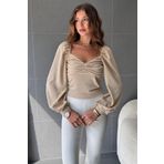 Fav Style Kadın Uzun Kollu Kalp Yaka Önü Büzgü Detaylı Bluz Bej