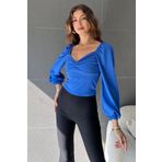 Fav Style Kadın Uzun Kollu Kalp Yaka Önü Büzgü Detaylı Bluz Saks Mavi