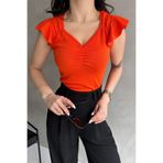 Fav Style Kadın V Yaka Omuzları Volanlı Bluz Turuncu