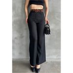 Fav Style Kadın Yüksek Bel Kemerli Boru Paça Keten Pantolon Siyah