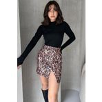 Fav Style Kadın Yüksek Bel Lastikli Yırtmaçlı Leopar Desenli Mini Etek Kahve