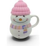Favorize Sevimli Kardan Adam Tasarımlı Silikon Kapaklı Porselen Kupa – 300 ml - Pembe