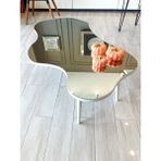 Faw Decor Aynalı Ahşap Beyaz Orta Sehpa Doğal Ağaç Ayaklı Modern Cam Tablalı Orta Sehpa - 100 cm x 64 cm