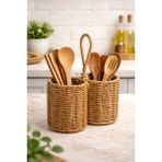 FBA Home Decor Çift Bölmeli Hasır Kaşıklık – Rattan Mutfak Kaşıklık ve Organizer - Kahverengi