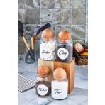 FBZhome 4lü Ahşap Top Kapaklı Çay Şeker Kahve Tuz Saklama Kabı 800 Ml Etiketli Cam Kavanoz