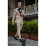 Fc Plus Bej Damatlık Çıkma Yakalı Kruvaze Takım Elbise - Slim Fit - 52