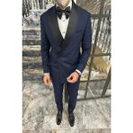 Fc Plus Lacivert Damatlık Çıkma Yakalı Kruvaze Takım Elbise - Slim Fit - 50