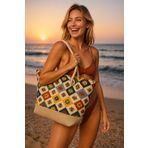 FDF STORE Kadın Plaj Çantası Etnik Desen Kumaş&Jüt
