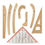 FDM 8 Parça Set - 7 Parça Ahşap Riga Seti ve Modelist Gönyesi - Riga Takımı -Dikiş Seti Cetvel