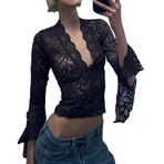 fdsmall Kadın dantelli üst giyim, V yaka, uzun kollu tişört, çiçek fileli, uzun kollu, Crop Top Slim Fit trend dantel Y2K dışarı çıkmak için Crop Top, Siyah, M