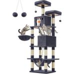 FEANDREA Kedi Ağacı, Büyük Oyun Kulesi, Yükseklik 206 cm, 13 Çizik Tahtası, 1 Çizik Tahtası, 2 Platform, 2 Niş, Sepet, Hamak, Pompon, Peluş Kumaş, Çok Seviyeli Koyu Gri