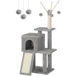 FEANDREA PCT143W01 kedi ağacı, tırmalama tahtalı, 3 çıkarılabilir ponpon çubuğu, 118 cm, açık gri