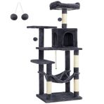 Feandrea PCT161G01 tırmalama ağacı, 143 cm yüksekliğinde, kedi ağacı, çok katlı kedi evi, 4 tırmalama sütunu, 2 platform, hamak, mağara, duman grisi