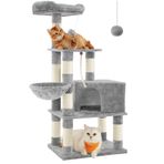 Feandrea Tırmalama ağacı, büyük, 138 cm yüksekliğinde, kedi ağacı, tırmalama tahtası ve 9 tırmalama direği, platform, mağara, pelüş top, çok kademeli, açık gri PCT60W