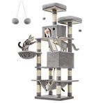 Feandrea tırmalama ağacı, büyük, 168 cm yüksekliğinde, L kedi ağacı, 13 tırmalama sütunu, 2 platform, 2 mağara, sepet, hamak, peluş toplar, çok katlı kedi tırmalama ağacı, açık gri PCT165W01