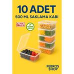 Febros 500ML Dikdörtgen Kendinden Kapaklı Derin Dondurucu Saklama Kabı 10'lu Set Buzluk Mikrodalga Gıda Kap