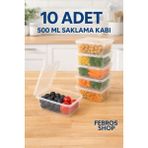 Febros Shop 500ML Dikdörtgen Kapaklı Derin Dondurucu Saklama Kabı 10'lu Set Buzluk Mikrodalga Kap - Şeffaf