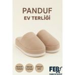 Febros Yumuşacık Kalın Taban Panduf Ev Terliği Kışlık Peluş Kapalı Burun Sıcak Tutucu Terletmez Kaymaz - Bej