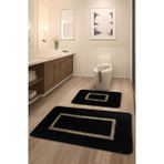 Feel Home Meram Kaymaz Taban, Yumuşacık, Emici 2'li Ultra Lüks Deri Detaylı Banyo Paspası Seti - Siyah - Gold