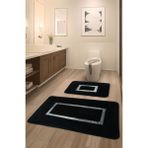 Feel Home Meram Kaymaz Taban, Yumuşacık, Emici 2'li Ultra Lüks Deri Detaylı Banyo Paspası Seti - Siyah - Gümüş