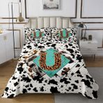 feelingyou Başlangıç Harfi U Yatak Örtüsü 1 Yastık Kılıfı Leopar Monogram Alfabe İnek Derisi Baskı Coverlet Yorgan Çocuklar için Rustik Çiftlik Evi Tarzı Nevresim Takımı S Boyut