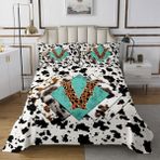 feelingyou Başlangıç Harfi V Yatak Örtüsü 1 Yastık Kılıfı Leopar Monogram Alfabe İnek Derisi Baskı Coverlet Yorgan Çocuklar için Rustik Retro Tasarım Nevresim Takımı S Boyut