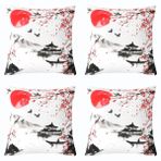 feelingyou Kiraz çiçeği yastık kılıfı 40 x 40 cm 4 parça mürekkep boyama tarzı dağ kelebek kuş güneş yastık kılıfı çocuklar için gençler retro doğal manzara koltuk yastığı kılıfları