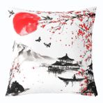 feelingyou Kiraz çiçeği yastık kılıfı, 40 x 40 cm, tekli set, mürekkep boyama tarzı, dağ, kelebek, kuş, güneş, gençler, çocuklar için, retro, doğal manzara, koltuk için yastık kılıfı