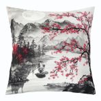 feelingyou Kiraz çiçeği yastık kılıfı, 45 x 45 cm, tekli set, mürekkep, boyama, Japon tarzı, dağ ağaçları, çocuklar için, romantik çiçekler, doğal manzara, koltuk için yastık kılıfı