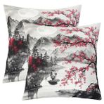 feelingyou Kiraz çiçeği yastık kılıfı seti, 2,45 x 45 cm, mürekkep boyama, Japon tarzı, dağ ağaçları, çocuklar için, romantik çiçekler, doğal manzara, koltuk için yastık kılıfı