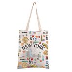 FEELMEM New York Lover Hediye New York Seyahat Tote Çanta New York City Temalı Gezi Gezgin Için Yeniden Kullanılabilir Alışveriş Çantası, Bej, One Size