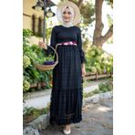 Feiza Collection Çiçek Kemerli Danteli Tesettür Elbise - Siyah