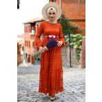 Feiza Collection Çiçek Kemerli Danteli Tesettür Elbise - Turuncu