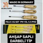 Felo 3lü Takım Ağaç Saplı Tornavida Sapı Darbeli Model Çekiç Vurulabilir Made In Germany