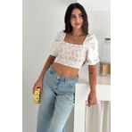 FEMELLE Beyaz Çiçek Desenli Büzgülü Kısa Kollu Romantik Stil Carmen Crop Bluz