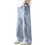 FEOYA Erkek Bol Hip Hop Kot İpli Eskitilmiş Sokak Giyim Kot Pantolon Geniş Bacak Yırtık Y2k Kaykay Kot Günlük Gevşek Kot Pantolon Erkekler Genç Erkekler için, mavi (Light Blue), 30