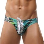 FEOYA Erkek Yüzme Külotları Seksi Leopar/Tropikal Baskı Mayo Ayarlanabilir İpli Düşük Bel Mayolar Bikini Alt Sörf Şortları, Leopar, XL