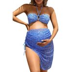 FEOYA Hamile Mayolar 3 Parça Yüksek Bel Gebelik Mayo Bikini Seti Çıkarılabilir Göğüs Pedleri ile Hamilelik Mayo Boho Kravat Halter Üst+Yüzme Altları+Kapak Etek Plaj Mayo, mavi, L